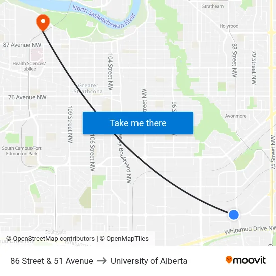 86 Street & 51 Avenue to University of Alberta map