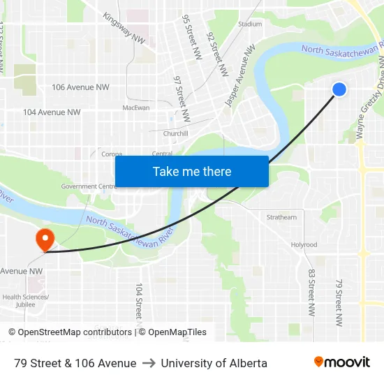 79 Street & 106 Avenue to University of Alberta map