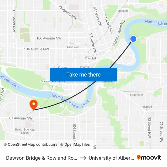 Dawson Bridge & Rowland Road to University of Alberta map