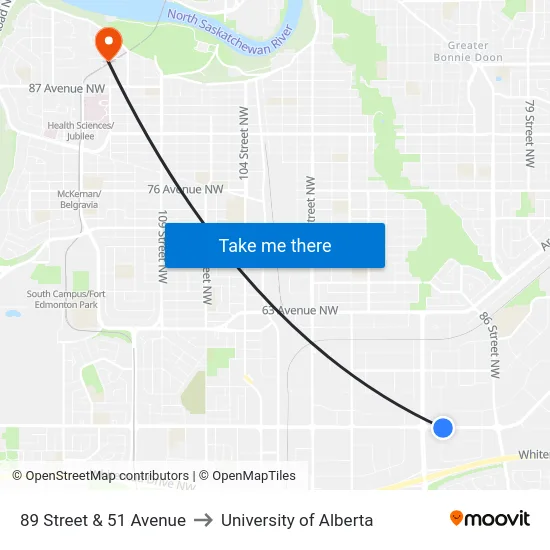 89 Street & 51 Avenue to University of Alberta map
