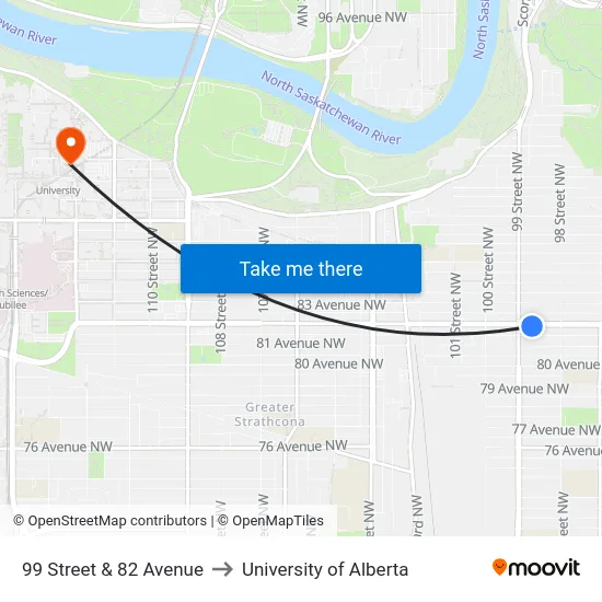 99 Street & 82 Avenue to University of Alberta map