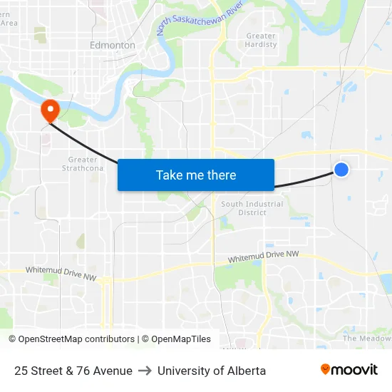 25 Street & 76 Avenue to University of Alberta map