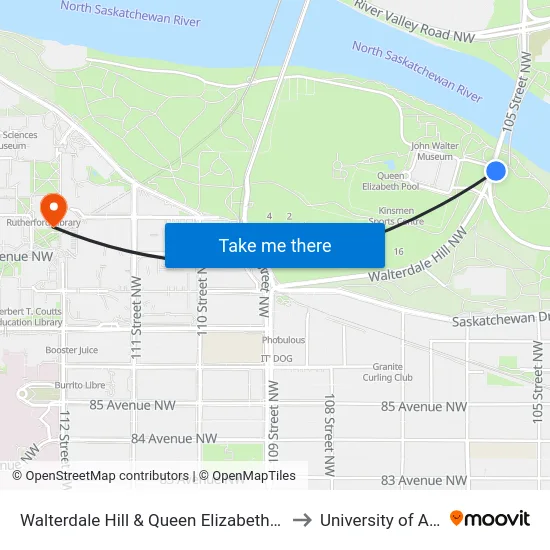 Walterdale Hill & Queen Elizabeth Park Road to University of Alberta map