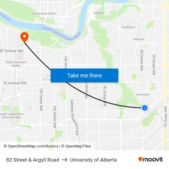 83 Street & Argyll Road to University of Alberta map