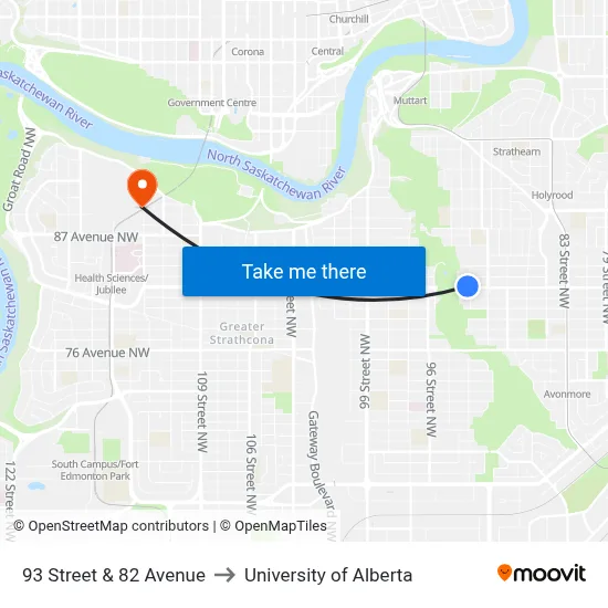 93 Street & 82 Avenue to University of Alberta map