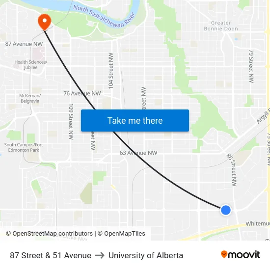 87 Street & 51 Avenue to University of Alberta map