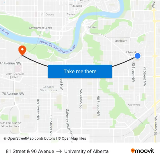 81 Street & 90 Avenue to University of Alberta map