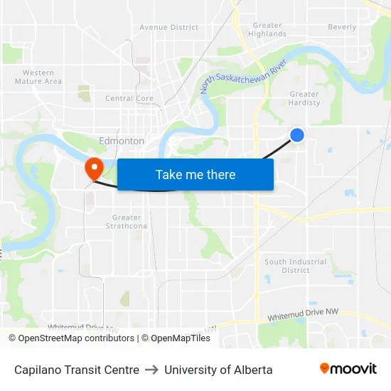 Capilano Transit Centre to University of Alberta map