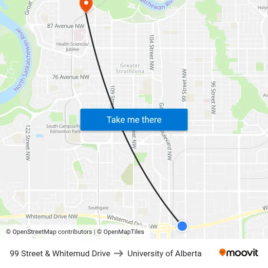 99 Street & Whitemud Drive to University of Alberta map