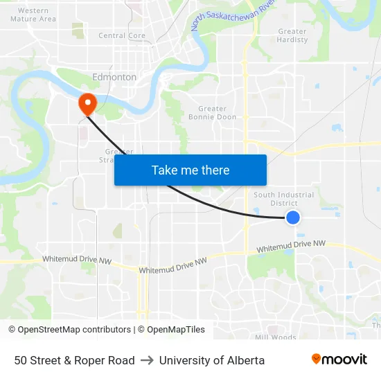 50 Street & Roper Road to University of Alberta map