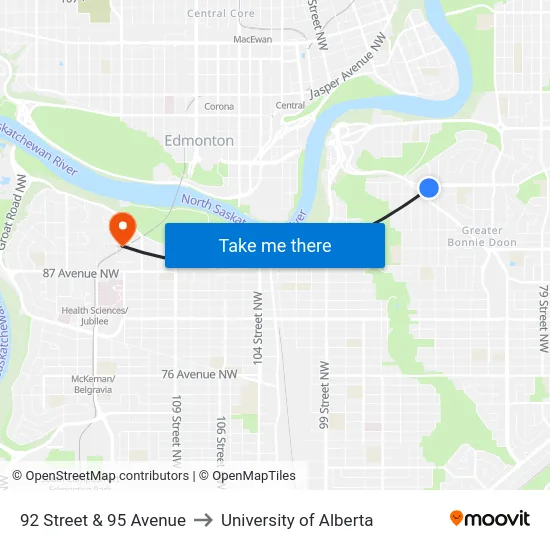 92 Street & 95 Avenue to University of Alberta map