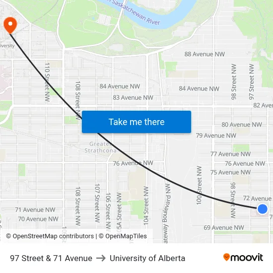 97 Street & 71 Avenue to University of Alberta map