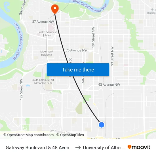 Gateway Boulevard & 48 Avenue to University of Alberta map