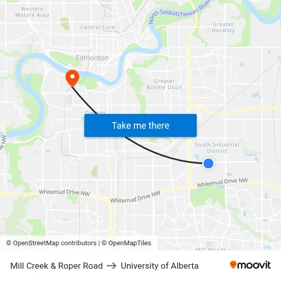 Mill Creek & Roper Road to University of Alberta map