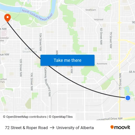 72 Street & Roper Road to University of Alberta map