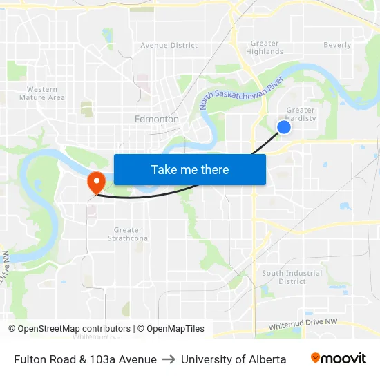 Fulton Road & 103a Avenue to University of Alberta map