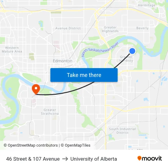 46 Street & 107 Avenue to University of Alberta map