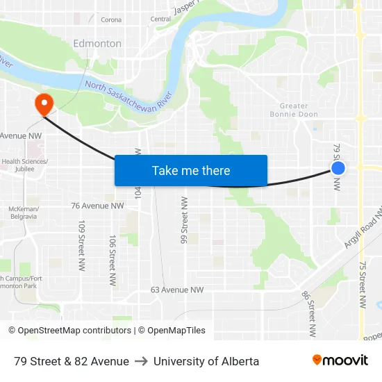 79 Street & 82 Avenue to University of Alberta map