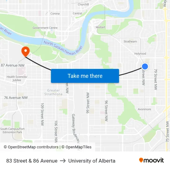 83 Street & 86 Avenue to University of Alberta map