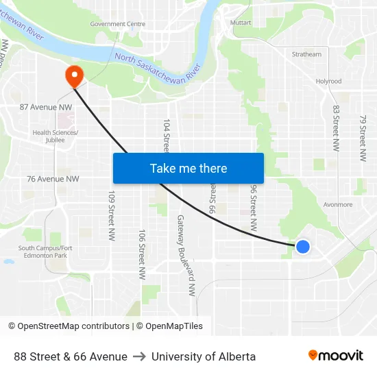 88 Street & 66 Avenue to University of Alberta map