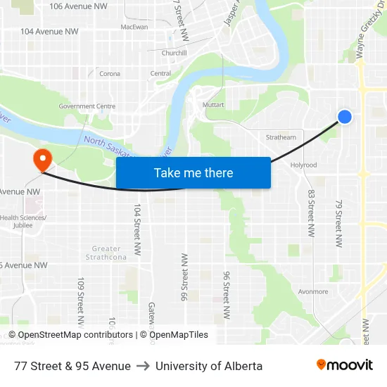 77 Street & 95 Avenue to University of Alberta map