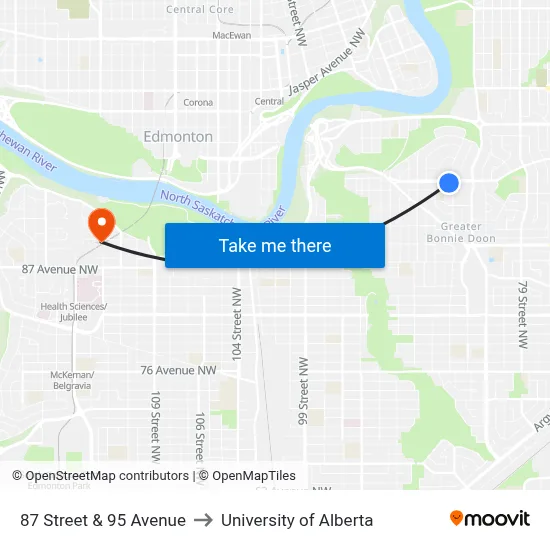 87 Street & 95 Avenue to University of Alberta map