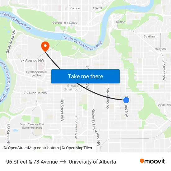 96 Street & 73 Avenue to University of Alberta map