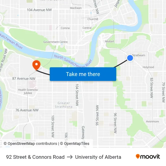 92 Street & Connors Road to University of Alberta map