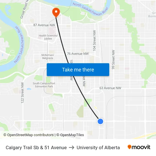 Calgary Trail Sb & 51 Avenue to University of Alberta map