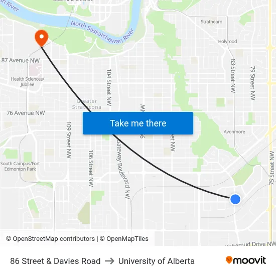 86 Street & Davies Road to University of Alberta map