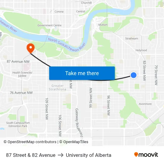87 Street & 82 Avenue to University of Alberta map