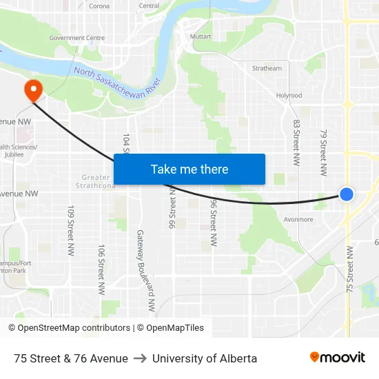 75 Street & 76 Avenue to University of Alberta map