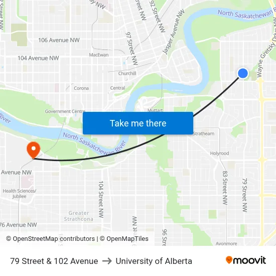 79 Street & 102 Avenue to University of Alberta map