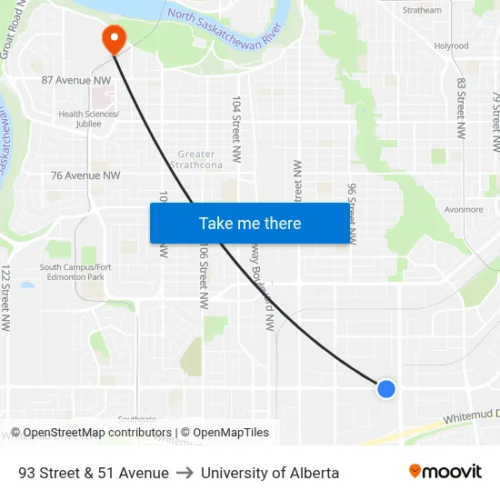 93 Street & 51 Avenue to University of Alberta map