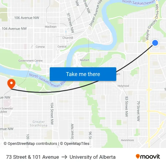 73 Street & 101 Avenue to University of Alberta map