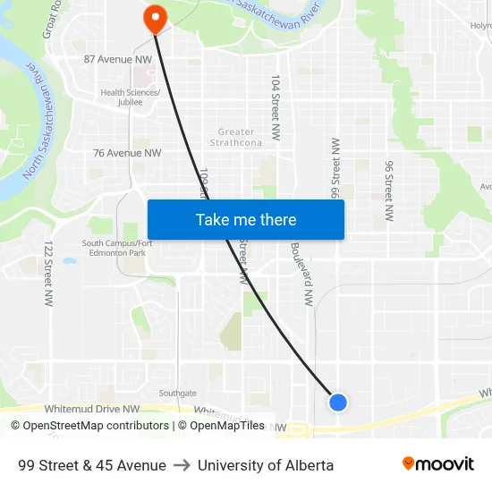 99 Street & 45 Avenue to University of Alberta map