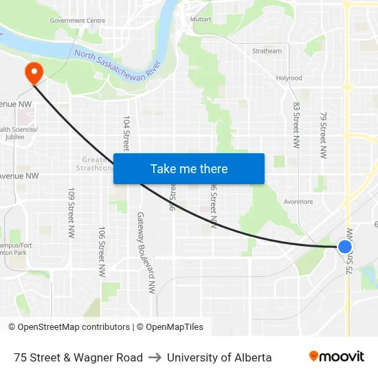 75 Street & Wagner Road to University of Alberta map