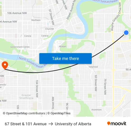 67 Street & 101 Avenue to University of Alberta map