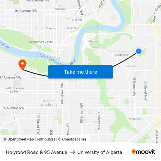 Holyrood Road & 95 Avenue to University of Alberta map