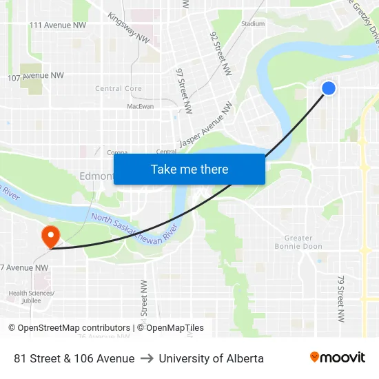 81 Street & 106 Avenue to University of Alberta map