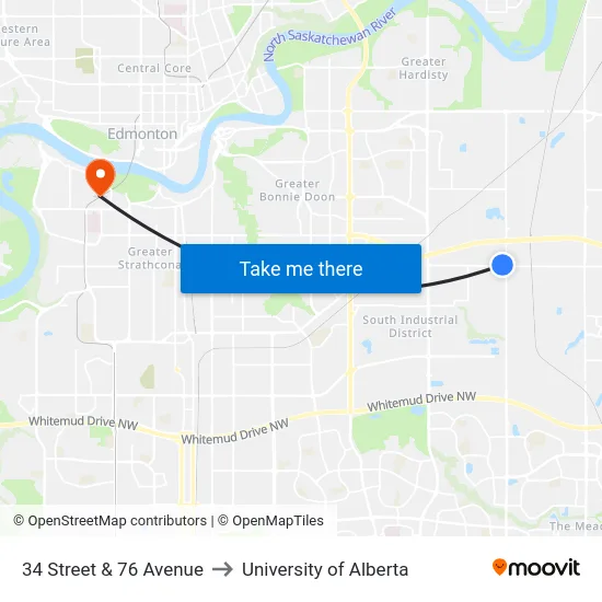 34 Street & 76 Avenue to University of Alberta map