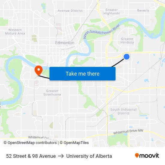 52 Street & 98 Avenue to University of Alberta map