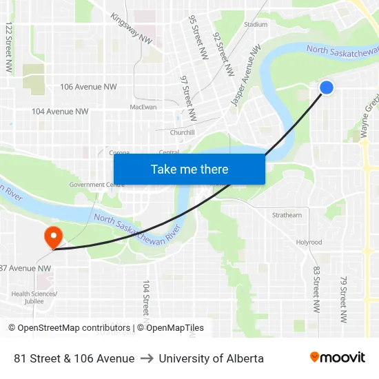 81 Street & 106 Avenue to University of Alberta map