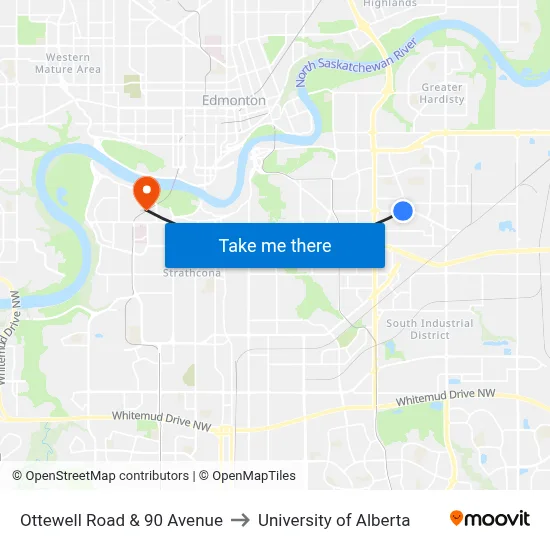 Ottewell Road & 90 Avenue to University of Alberta map