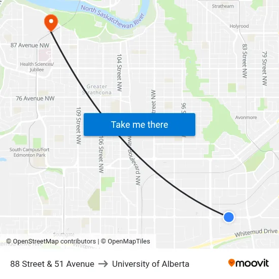 88 Street & 51 Avenue to University of Alberta map