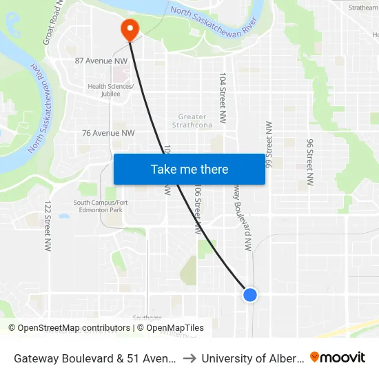 Gateway Boulevard & 51 Avenue to University of Alberta map
