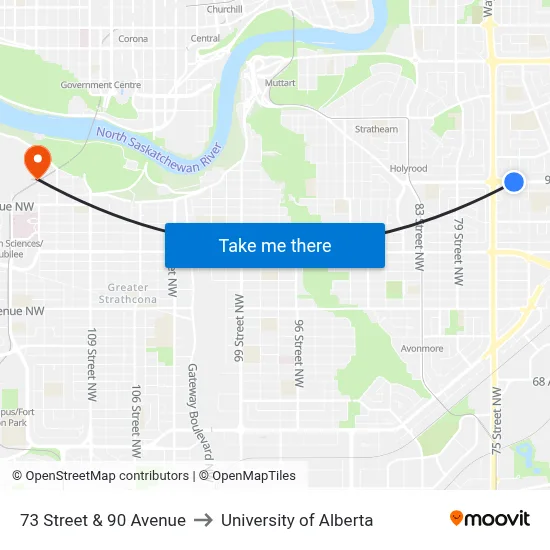 73 Street & 90 Avenue to University of Alberta map