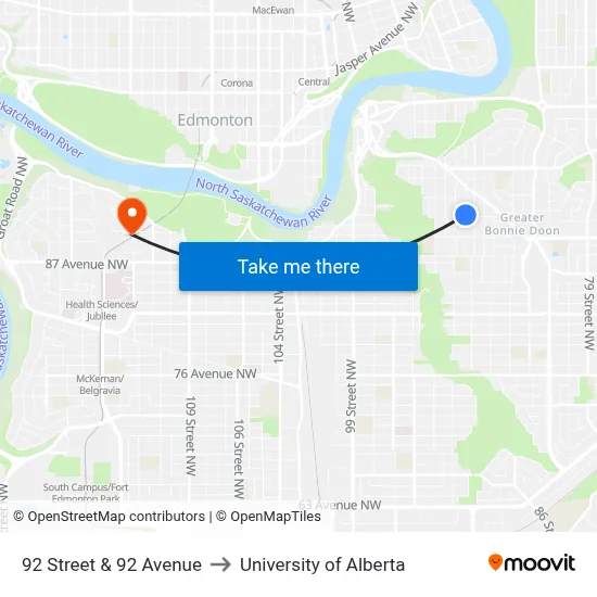 92 Street & 92 Avenue to University of Alberta map