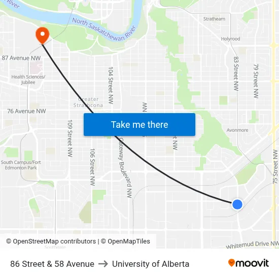 86 Street & 58 Avenue to University of Alberta map