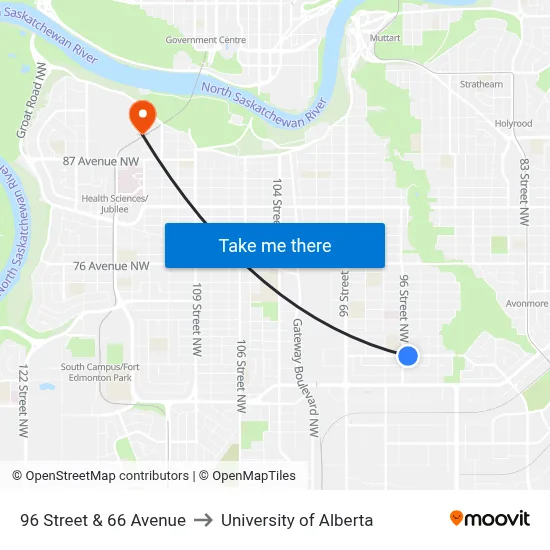 96 Street & 66 Avenue to University of Alberta map